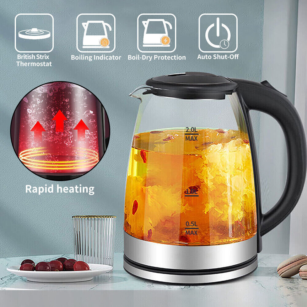 2L Electric Kettle Glass 360 Blue LED Illuminated Portable Jug Protection 1800W