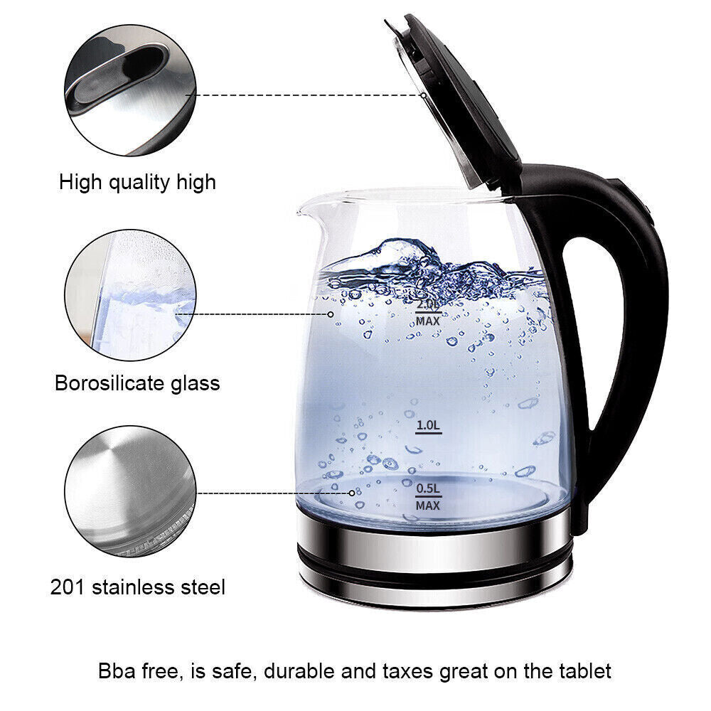 2L Electric Kettle Glass 360 Blue LED Illuminated Portable Jug Protection 1800W