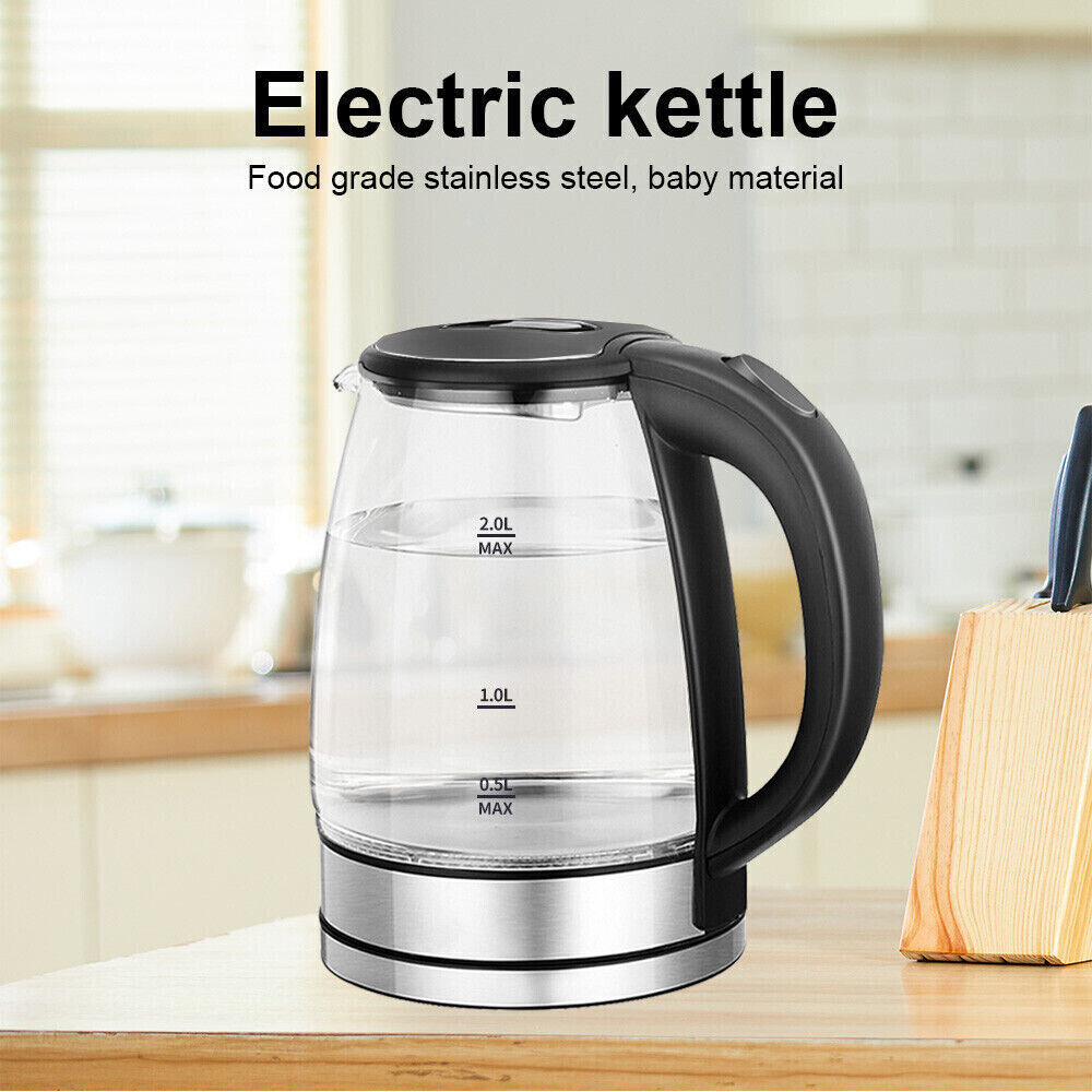 2L Electric Kettle Glass 360 Blue LED Illuminated Portable Jug Protection 1800W