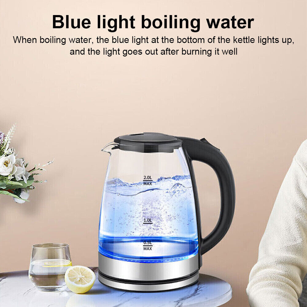 2L Electric Kettle Glass 360 Blue LED Illuminated Portable Jug Protection 1800W