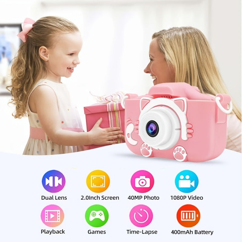 Pink Cat Camera for Photos, Videos, has 8 Filters For Selfie Mode with Built In 400mAh Battery.