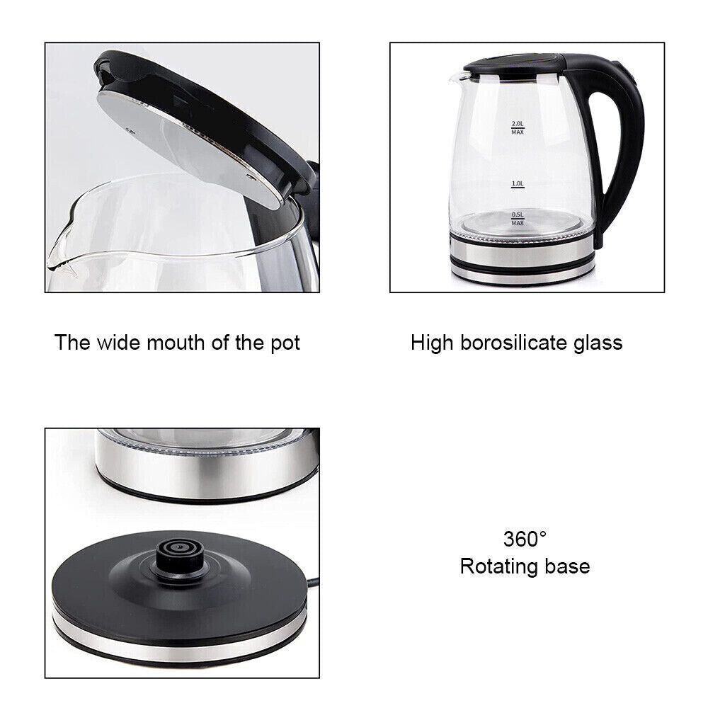 2L Electric Kettle Glass 360 Blue LED Illuminated Portable Jug Protection 1800W