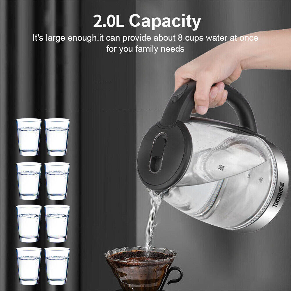 2L Electric Kettle Glass 360 Blue LED Illuminated Portable Jug Protection 1800W
