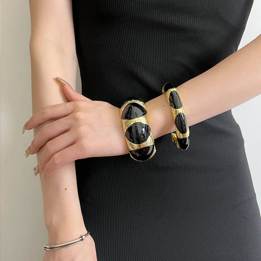 French Retro Oval Black Gold Enamel Bracelet