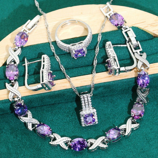 Purple Zircon Bracelet Necklace Earring Ring
