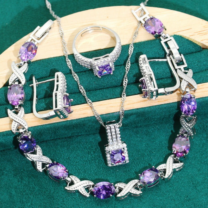 Purple Zircon Bracelet Necklace Earring Ring