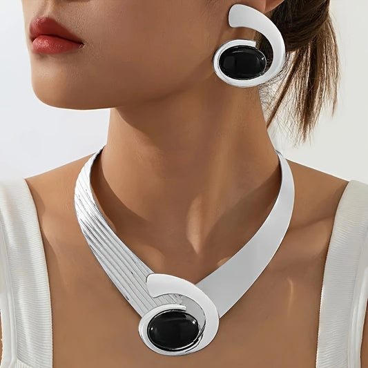 Luxury Black & White Electroplated Armor Necklace  Handmade Iron Jewelry With Crystal Accents.