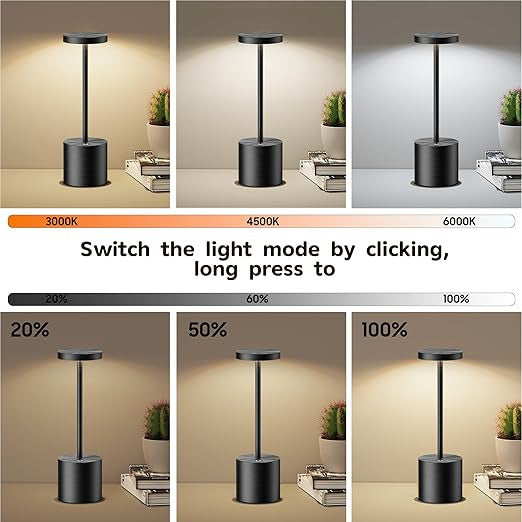 Touch Control Metal Table Desk Lamp Rechargeable Cordless Dimmable Light Black